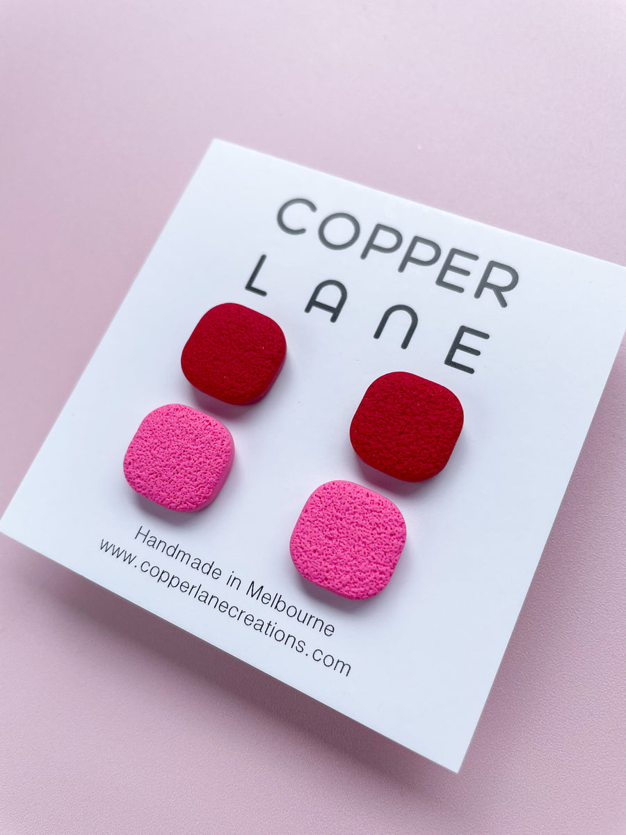 Stone Look Earring Stud 2 Pack - Cherry Red and Candy Pink