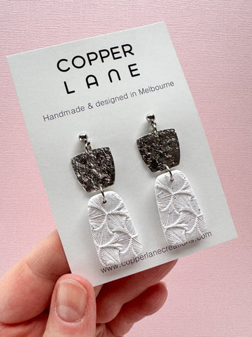 Sophia Dangle Earrings - Speckled White Fan - Silver