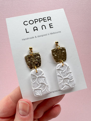 Sophia Dangle Earrings - Speckled White Fan - Gold