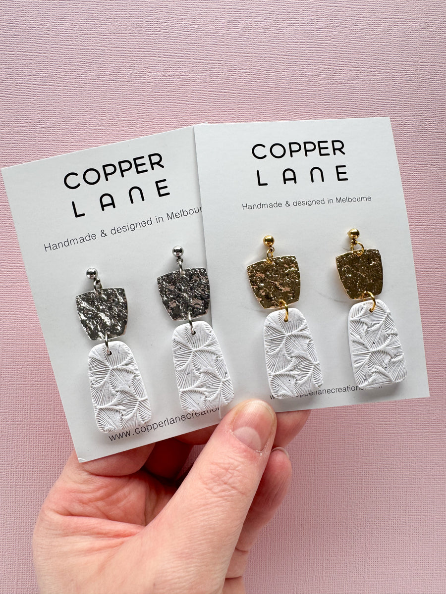 Sophia Dangle Earrings - Speckled White Fan - Gold