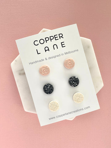 Embossed Earring Stud 3 Pack - Monochrome Burst